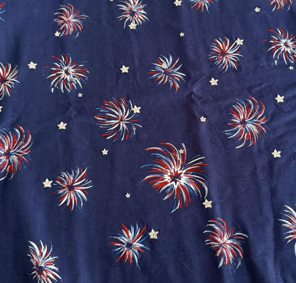 Patriotic Cotton Fabric 4th of July Fireworks Silver Metallic Embroidered  2yd+